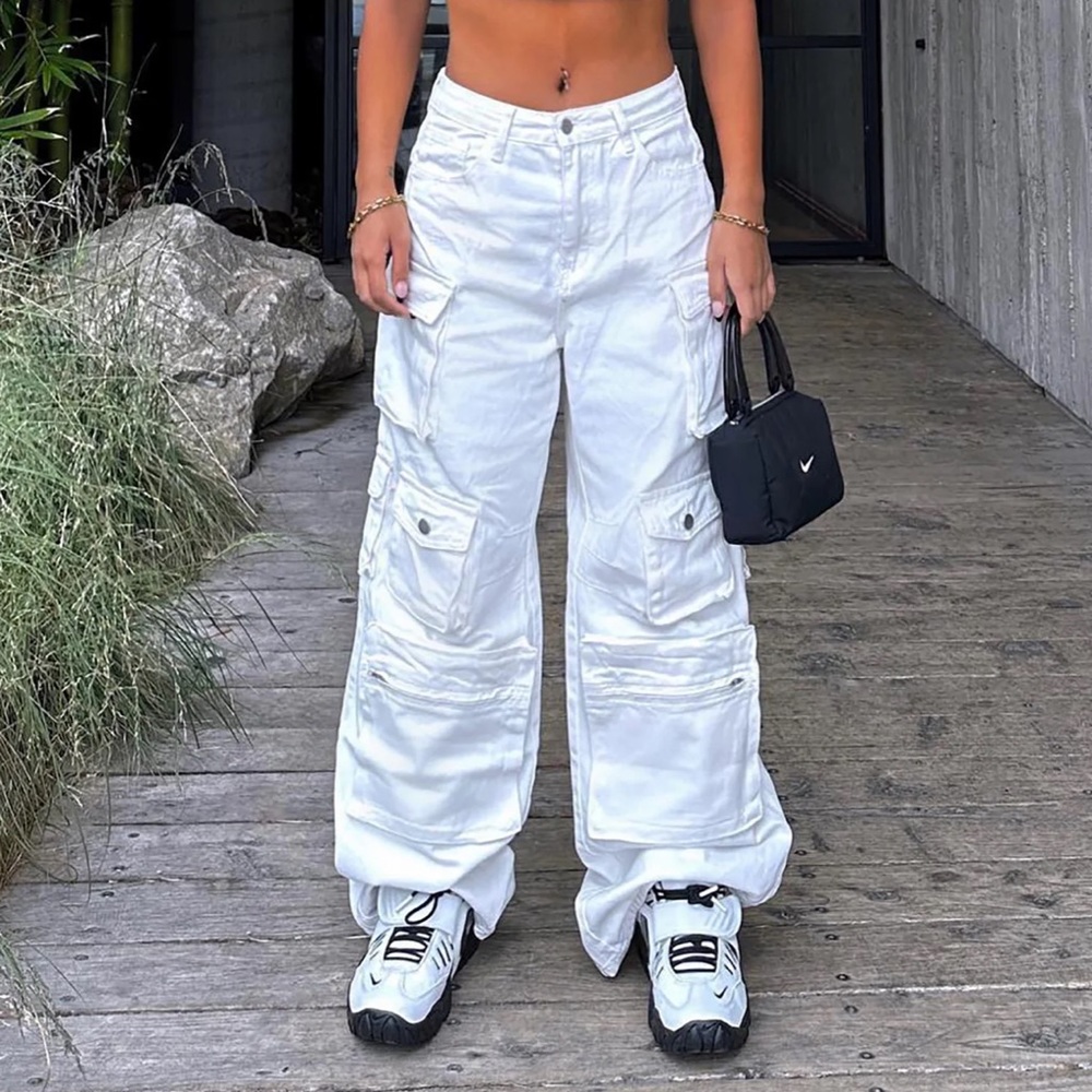 White high rise cargo jeans plus size 16 with buttons and pockets wide leg flare